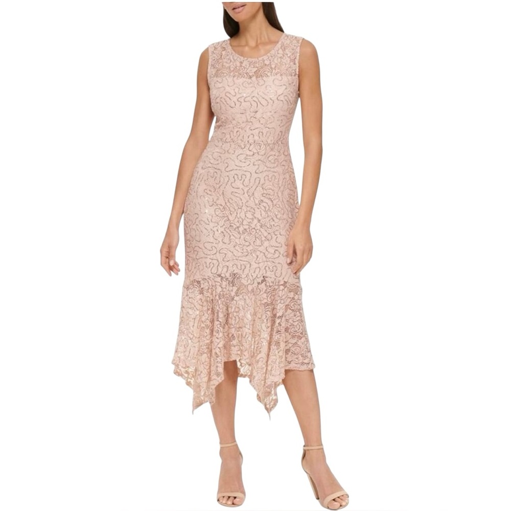 NWT Kenzie Womens Flounced Hem Illusion Neck Sequin Lace Sheath Dress Boho 4 S